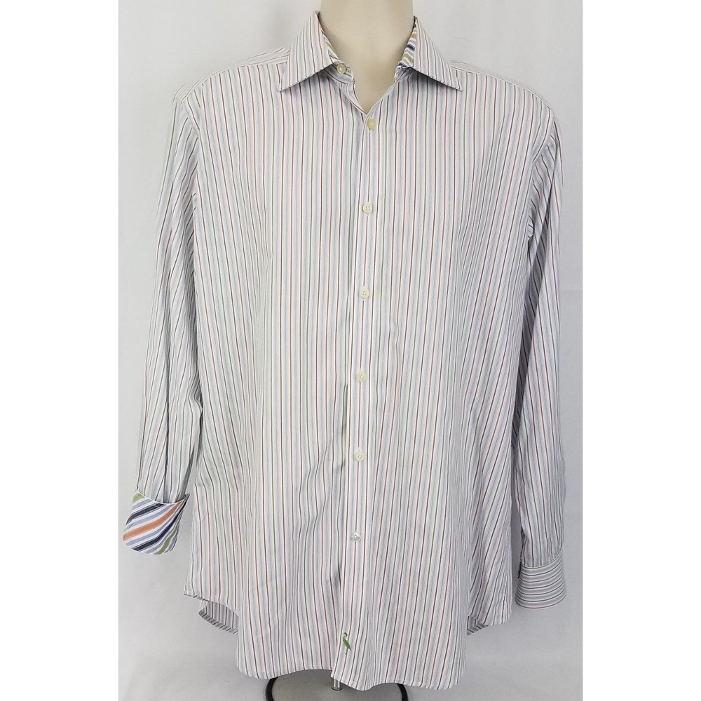Tailorbyrd Dress Shirt‎ Large Blue/Grn Striped Mens L Sleeve Flip Cuff  E45